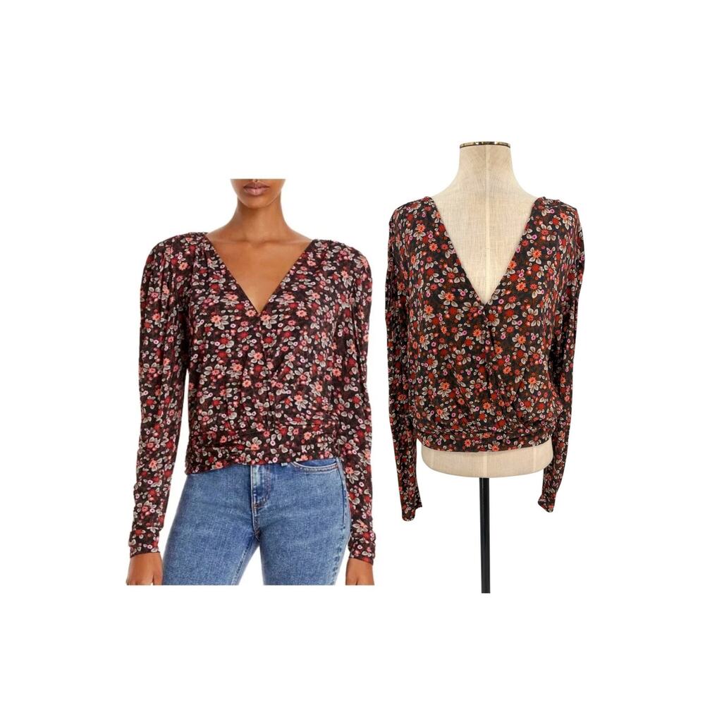 Ramy Brook Ivanna Floral Faux Wrap Surplice V Neck Long Sleeve Blouse Medium